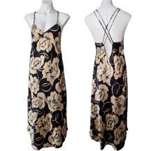 Natori Floral Long Satin Slip Dress Vintage Gold Black Floral Size Medium