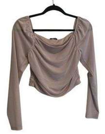 Shine Star Ruched Bodycon Long Sleeve Two Piece Set Size Medium in Light Taupe