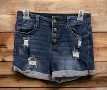Enjean Denim Co Button Fly 10 Inch Rise Distressed Cuffed Blue Jean Shorts Sz M
