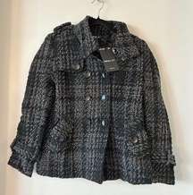 Neslay Paris Black Metallic Tweed Double Breast Peacoat Size S NWT