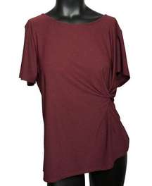 AUW  Blouse Sz M Red Maroon Faux Wrap Asymmetrical Short Sleeve Top Front Knot