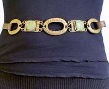  Turquoise Hammered Brass Ring Brown Leather Pullback Statement Belt