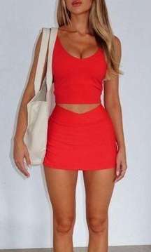 2 Piece Active Set, V Tank Top Bra & Skort (Skirt), Small Red