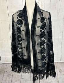 Gothic Black Sheer Velour Velvet  Floral Fringe Scarf