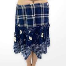 90s FURST OF A KIND Vintage Blue Plaid Floral Mixed Media Midi Skirt