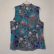 Chico’s No Iron Sleeveless Button Up Mixed Paisley and Stripe Print Shirt XL