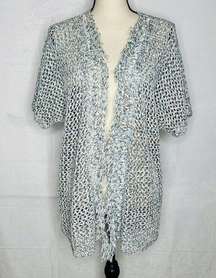 Chico's Blue White Open Front Crochet Fringe Cardigan Sweater Sz 2 Large