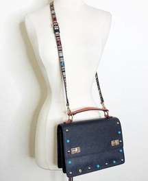 Henri Bendel Crossbody 2Way Black Leather Handbag Patterned Strap