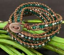 VICTORIA EMERSON Natural Leather Green Silver Crystal Beads Wrap Bracelet