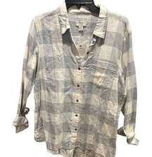 GH Bass & Co Womens Grey & Cream Plaid Shirt Long Button Rear Hem NEW Size Large