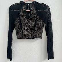 Patterned Mesh Cropped Long Sleeve Shirt