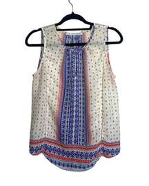 White Blue Red Boho Printed Keyhole Tank Top