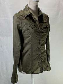 Jessica Simpson Military Style Button Down Long Sleeve Army Green Shirt Size M