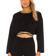 H:ours Jessie Tie Waist Crop Top Size Medium Black Sweatshirt Long Sleeve NEW