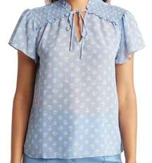 Everleigh Smocked Tie Front Floral Polka Dot Top Light Blue S