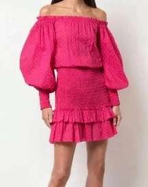 Alexis Marilena Smocked Off-shoulder Blouson-sleeve Dress Fuchsia Dot Large