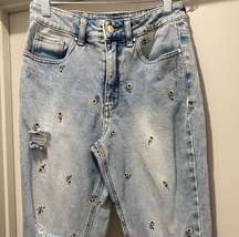 Tinseltown Distressed Light Denim Mom Jeans With Small Embroidered Sunflowers