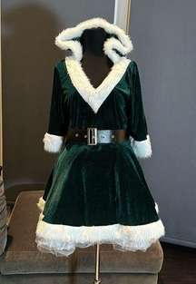 Short Green Hooded Dress White FauxFur Trim Mrs Claus Santa Christmas Size L NEW