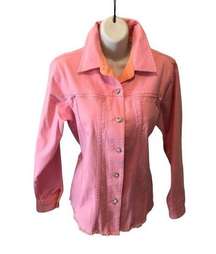 Quacker Factory Pink Denim Embellished Jacket S Rhinestones Pockets Raw Hem