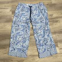 Blue & White Paisley Print Elastic Drawstring Waist Pajama Pants