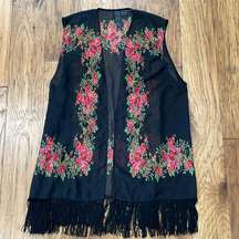 Petticoat Alley black vest with rose design and fringe hem size L