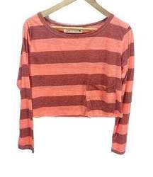 Vintage Havana M Pink Red Striped Cropped Pocket Long Sleeved Shirt Casual