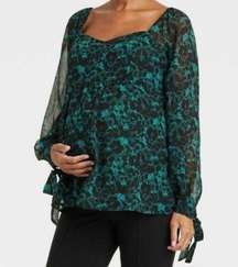 Long Sleeve Corsetry Woven Maternity Shirt- Aqua Green Floral