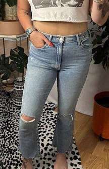 Mother High Waist Distressed Ankle Cropped Flare Jeans Light Wash