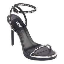 Black Leather Studded Stiletto Heel Minimalist Ankle Strap Sandal DKNY Dacia