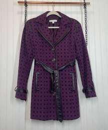 NY & COMPANY Trench Coat Jacket Belted Classic Purple Geo Print Size Medium