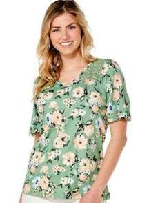 Absolutely Famous short sleeve basil floral crochet blouse
