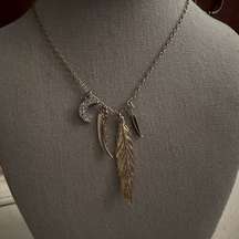 Vintage American Eagle Long chain with silver feather, crystal moon, and horn