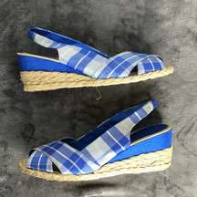 Lauren Ralph Lauren Womens CAMARA Blue Plaid Wedge Slingback Sandals Size 10 B