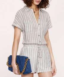 Heartloom Cece Striped Linen Blend Short Sleeve Button Romper in Marina Sz XS