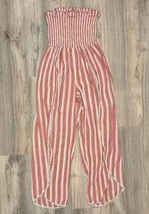 Angie Strapless Smocked Bodice Leg Slit Jumpsuit Pink Striped Flowy Size L