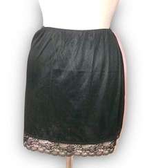 Vintage 70’s Black Mini Slip Skirt Large Embroidered Bow Lace Pinup Rockabilly