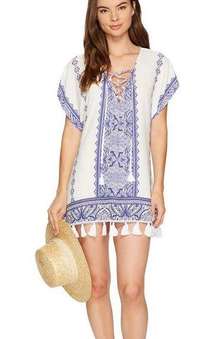 Show Me Your Mumu Tunic Swim Coverup Mini Dress Tassels White Blue Size Small