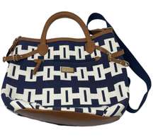 Navy Faux Leather Brown Trim Tote Handbag Crossbody