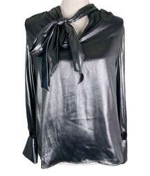 Who What Wear Tie Neck Blouse M Gunmetal Silver Futuristic New