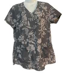 KOI Next Gen Early Energy Scrub Top Gray/White Floral Patch Pocket Size Small