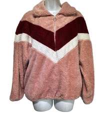 Forgotten Grace Teddy Pink Fleece Colorblock Pullover Sweatshirt Women's Size S