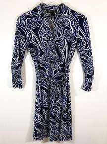 NWT INC Black Navy White Puff Scroll Long Sleeve Waist Tie Business Casual Dress