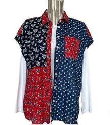 Style & Co 1X Floral Patchwork Red White Blue Button Up