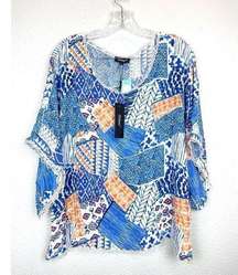 Tolani Multicolor Patchwork Lace Trim Tunic Top L Artsy Boho Kimono Short Sleeve