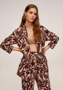 Mango Women Notch Collar Long Sleeves Tropic Print Linen Blazer, Beige Brown XS