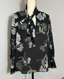 Who What Wear women's black green floral print tie neck long sleeve blouse