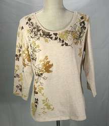 Coldwater Creek Three Quarter Sleeve Oatmeal Autumn Flock Tee Size Large