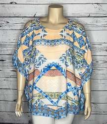 Harper & Liv Size 3X Pink & Blue Aztec Print Cold Shoulder Poncho Blouse Top