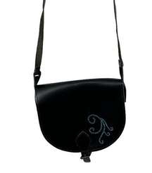 Purse Black Leather Crossbody Blinged Out Bag Half Moon Raw Leather EUC