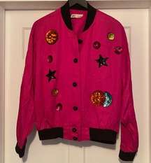 Vintage sequin celestial star moon pink black bomber jacket, size large